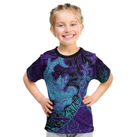 Hawaiian Volcano and Shark Kid T Shirt Polynesian and Hibiscus Pattern Purple Cyan Gradient