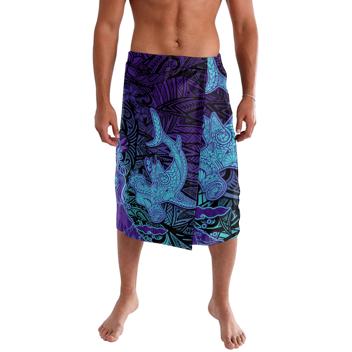 Hawaiian Volcano and Shark Lavalava Polynesian and Hibiscus Pattern Purple Cyan Gradient