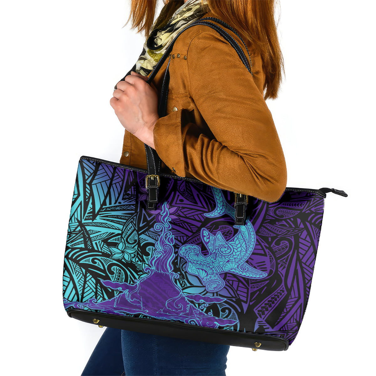 Hawaiian Volcano and Shark Leather Tote Bag Polynesian and Hibiscus Pattern Purple Cyan Gradient