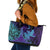 Hawaiian Volcano and Shark Leather Tote Bag Polynesian and Hibiscus Pattern Purple Cyan Gradient