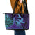 Hawaiian Volcano and Shark Leather Tote Bag Polynesian and Hibiscus Pattern Purple Cyan Gradient