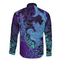 Hawaiian Volcano and Shark Long Sleeve Button Shirt Polynesian and Hibiscus Pattern Purple Cyan Gradient