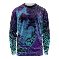 Hawaiian Volcano and Shark Long Sleeve Shirt Polynesian and Hibiscus Pattern Purple Cyan Gradient