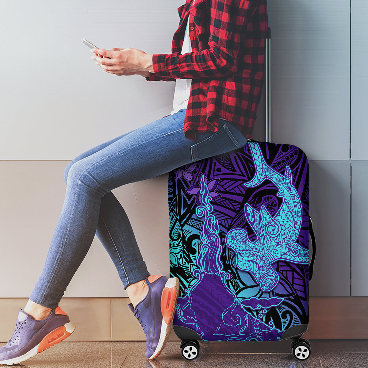 Hawaiian Volcano and Shark Luggage Cover Polynesian and Hibiscus Pattern Purple Cyan Gradient