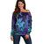 Hawaiian Volcano and Shark Off Shoulder Sweater Polynesian and Hibiscus Pattern Purple Cyan Gradient