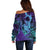 Hawaiian Volcano and Shark Off Shoulder Sweater Polynesian and Hibiscus Pattern Purple Cyan Gradient