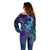 Hawaiian Volcano and Shark Off Shoulder Sweater Polynesian and Hibiscus Pattern Purple Cyan Gradient