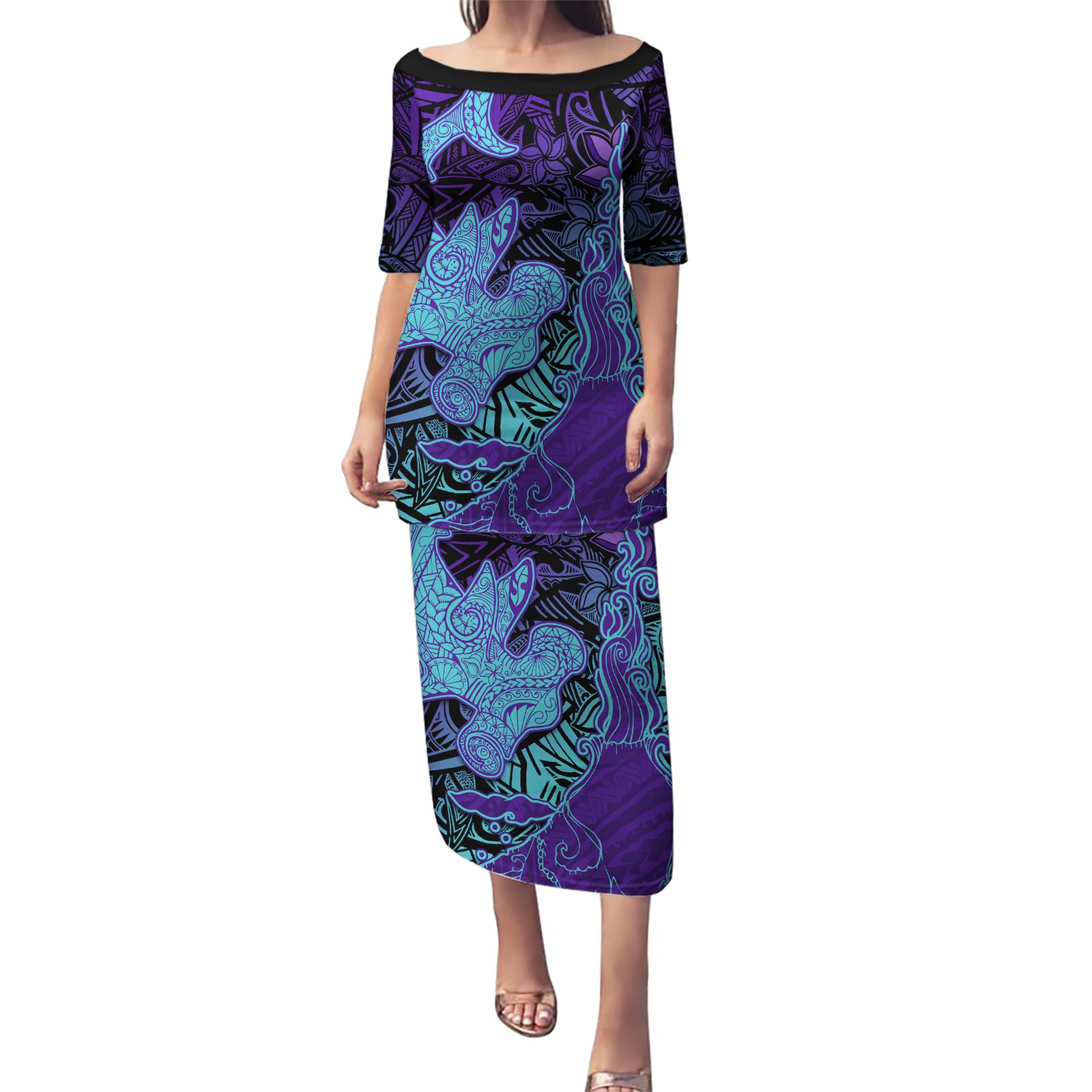 Hawaiian Volcano and Shark Puletasi Polynesian and Hibiscus Pattern Purple Cyan Gradient