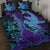 Hawaiian Volcano and Shark Quilt Bed Set Polynesian and Hibiscus Pattern Purple Cyan Gradient