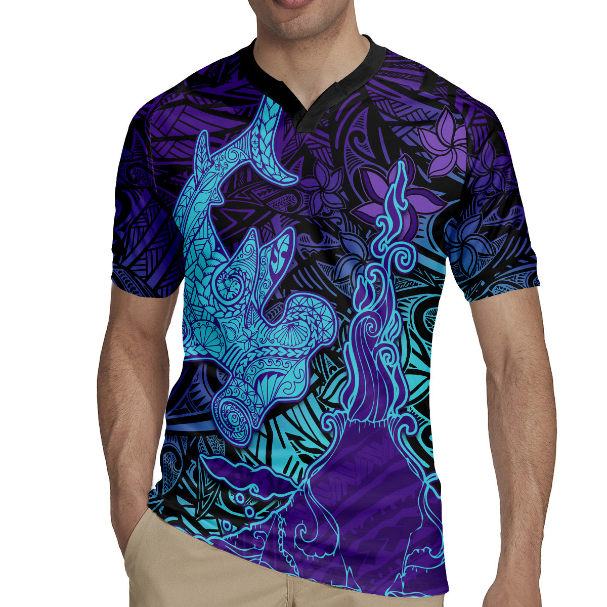 Hawaiian Volcano and Shark Rugby Jersey Polynesian and Hibiscus Pattern Purple Cyan Gradient
