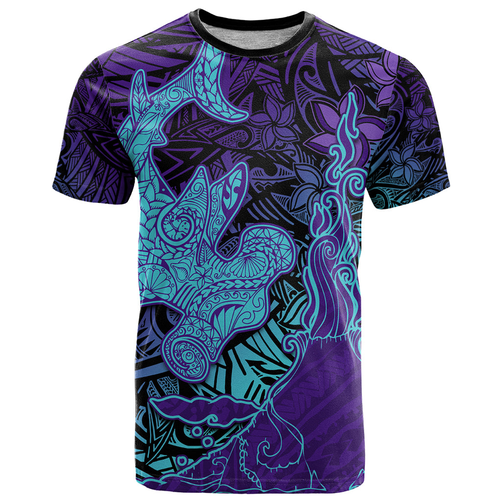 Hawaiian Volcano and Shark T Shirt Polynesian and Hibiscus Pattern Purple Cyan Gradient