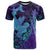 Hawaiian Volcano and Shark T Shirt Polynesian and Hibiscus Pattern Purple Cyan Gradient