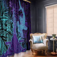 Hawaiian Volcano and Shark Window Curtain Polynesian and Hibiscus Pattern Purple Cyan Gradient