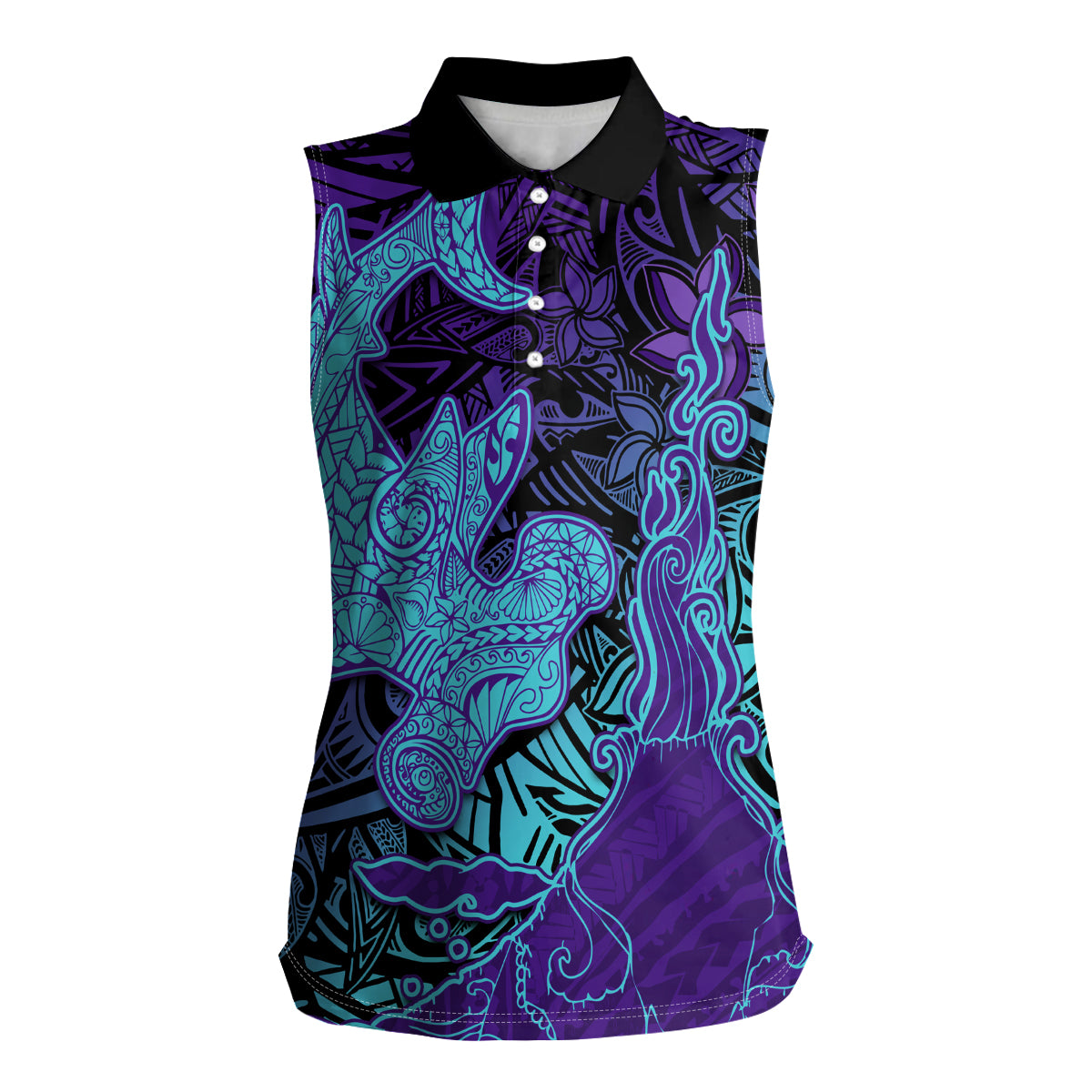 Hawaiian Volcano and Shark Women Sleeveless Polo Shirt Polynesian and Hibiscus Pattern Purple Cyan Gradient