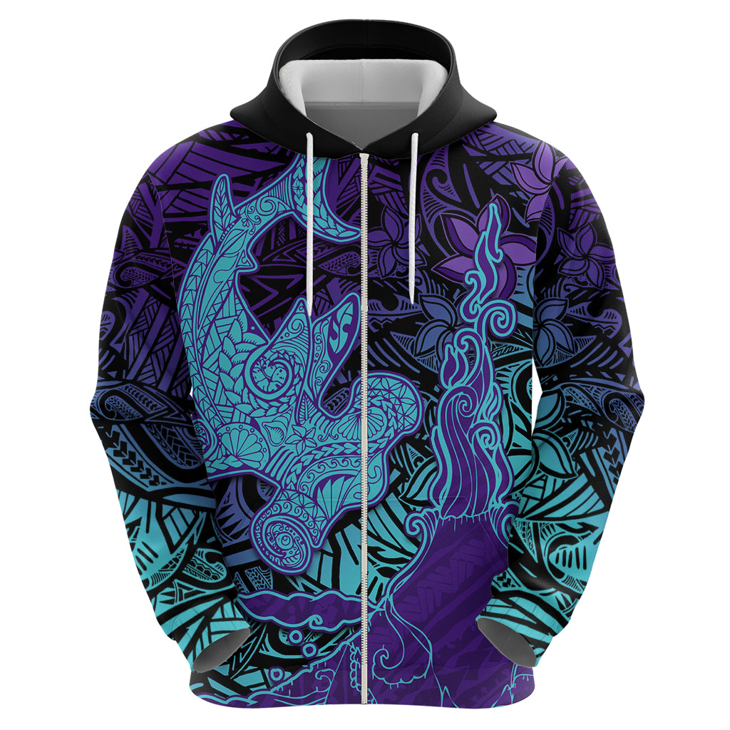 Hawaiian Volcano and Shark Zip Hoodie Polynesian and Hibiscus Pattern Purple Cyan Gradient