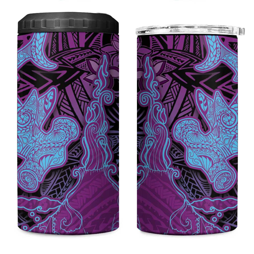 Hawaiian Volcano and Shark 4 in 1 Can Cooler Tumbler Polynesian and Hibiscus Pattern Violet Gradient