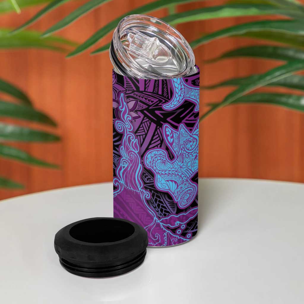 Hawaiian Volcano and Shark 4 in 1 Can Cooler Tumbler Polynesian and Hibiscus Pattern Violet Gradient