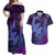 Hawaiian Volcano and Shark Couples Matching Off Shoulder Maxi Dress and Hawaiian Shirt Polynesian and Hibiscus Pattern Violet Gradient