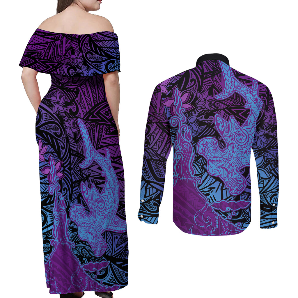 Hawaiian Volcano and Shark Couples Matching Off Shoulder Maxi Dress and Long Sleeve Button Shirt Polynesian and Hibiscus Pattern Violet Gradient