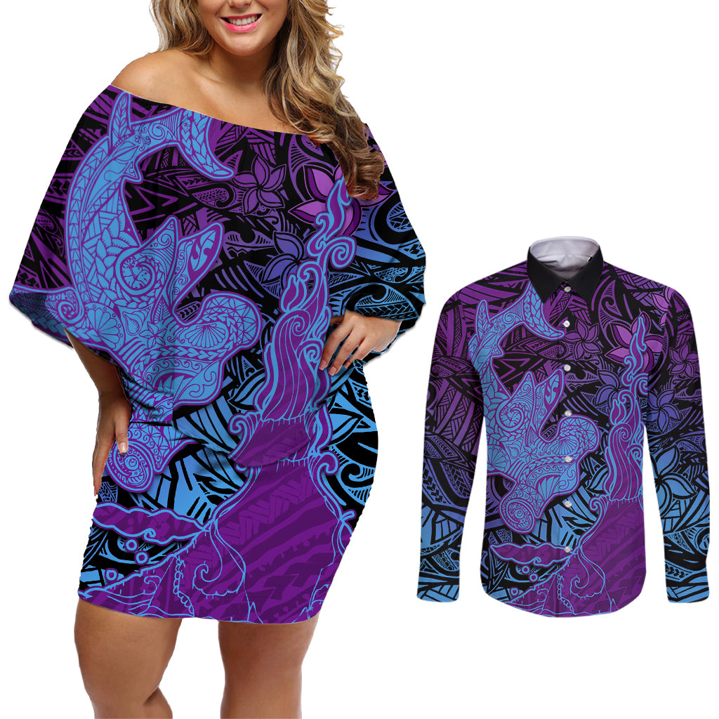 Hawaiian Volcano and Shark Couples Matching Off Shoulder Short Dress and Long Sleeve Button Shirt Polynesian and Hibiscus Pattern Violet Gradient