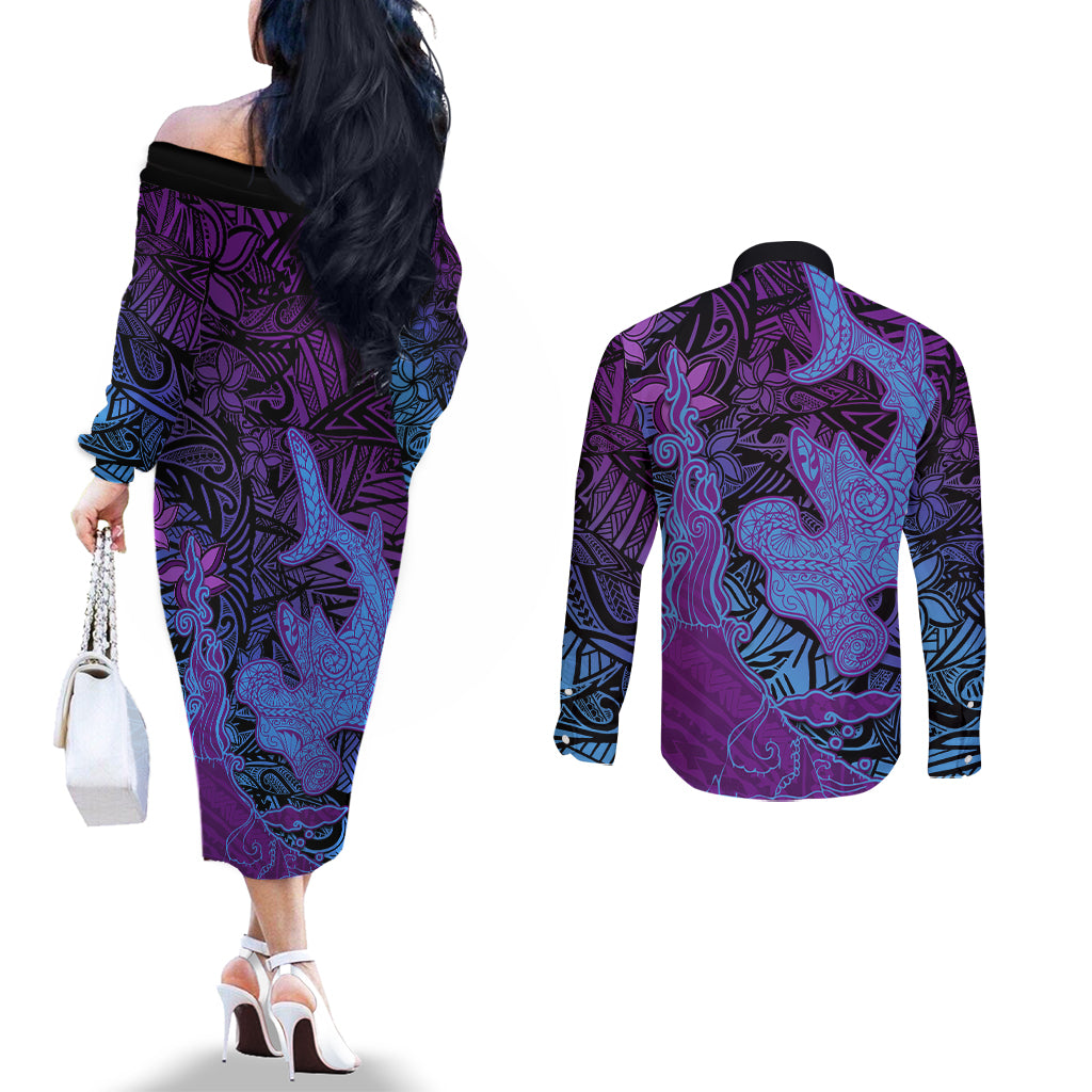 Hawaiian Volcano and Shark Couples Matching Off The Shoulder Long Sleeve Dress and Long Sleeve Button Shirt Polynesian and Hibiscus Pattern Violet Gradient