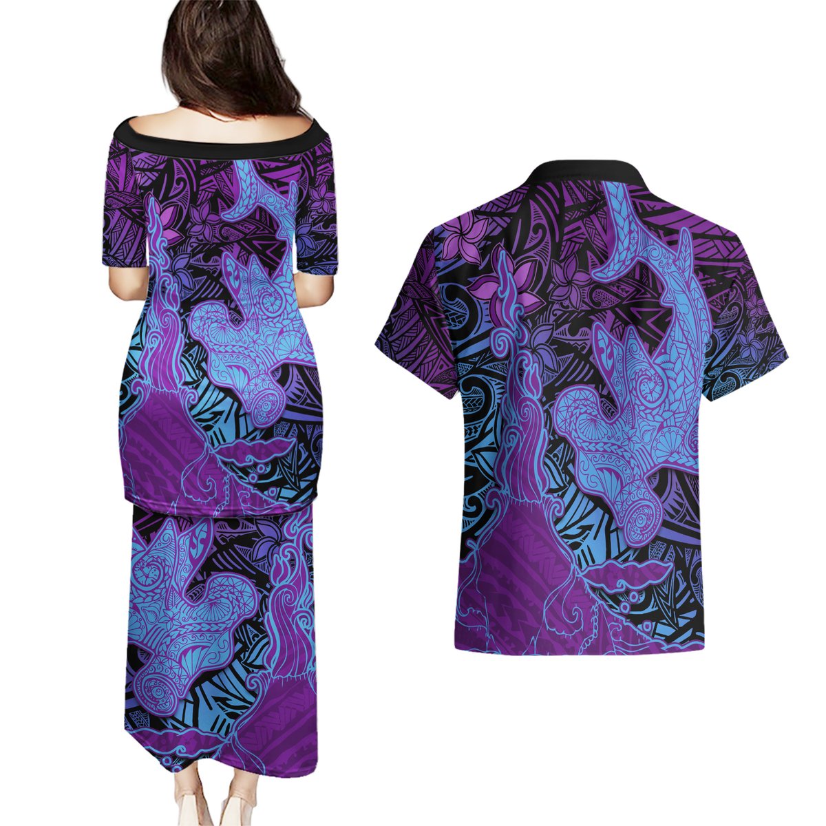 Hawaiian Volcano and Shark Couples Matching Puletasi and Hawaiian Shirt Polynesian and Hibiscus Pattern Violet Gradient