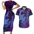 Hawaiian Volcano and Shark Couples Matching Short Sleeve Bodycon Dress and Hawaiian Shirt Polynesian and Hibiscus Pattern Violet Gradient