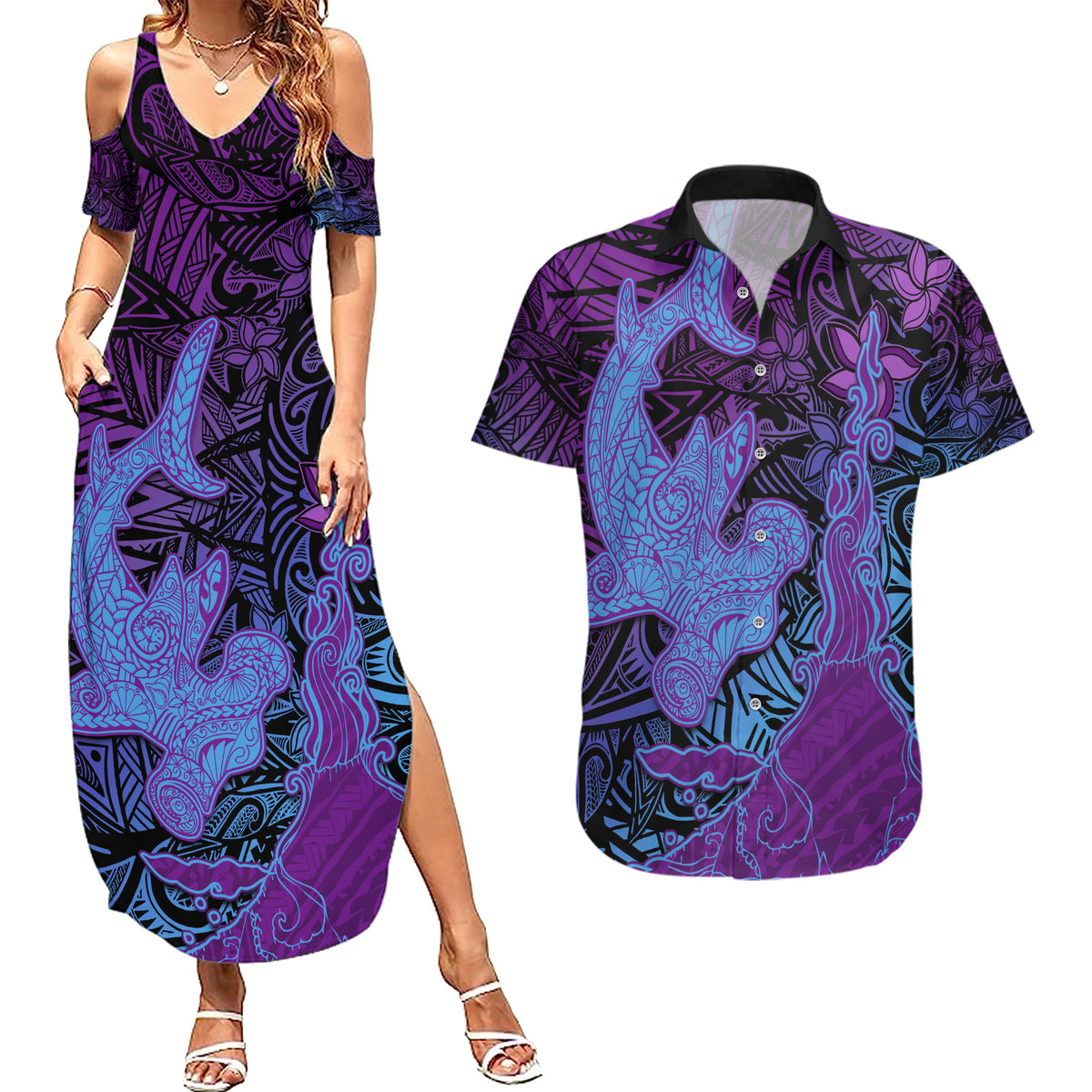 Hawaiian Volcano and Shark Couples Matching Summer Maxi Dress and Hawaiian Shirt Polynesian and Hibiscus Pattern Violet Gradient