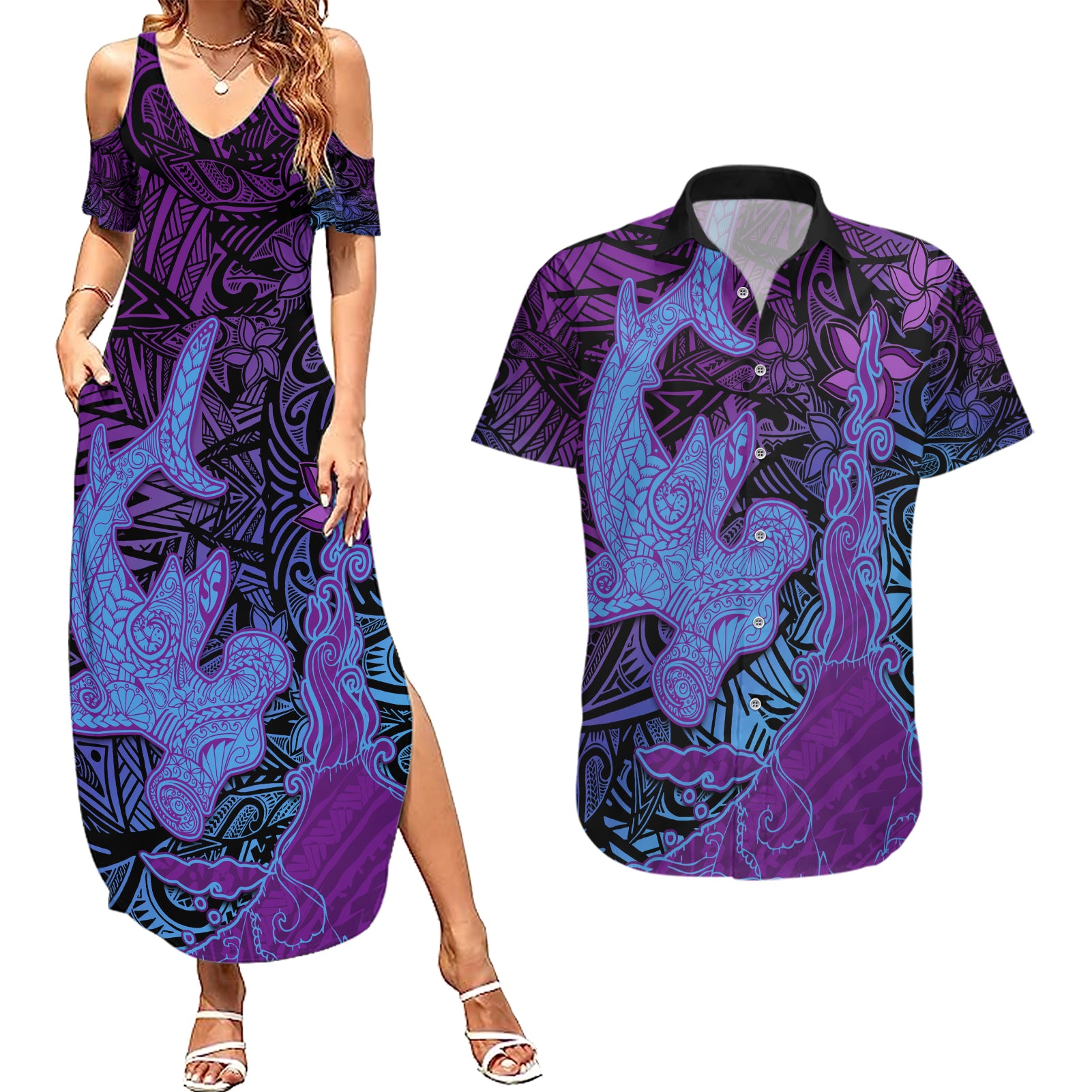Hawaiian Volcano and Shark Couples Matching Summer Maxi Dress and Hawaiian Shirt Polynesian and Hibiscus Pattern Violet Gradient
