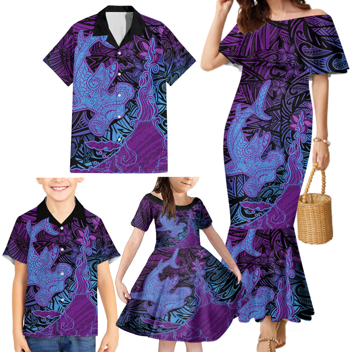 Hawaiian Volcano and Shark Family Matching Mermaid Dress and Hawaiian Shirt Polynesian and Hibiscus Pattern Violet Gradient
