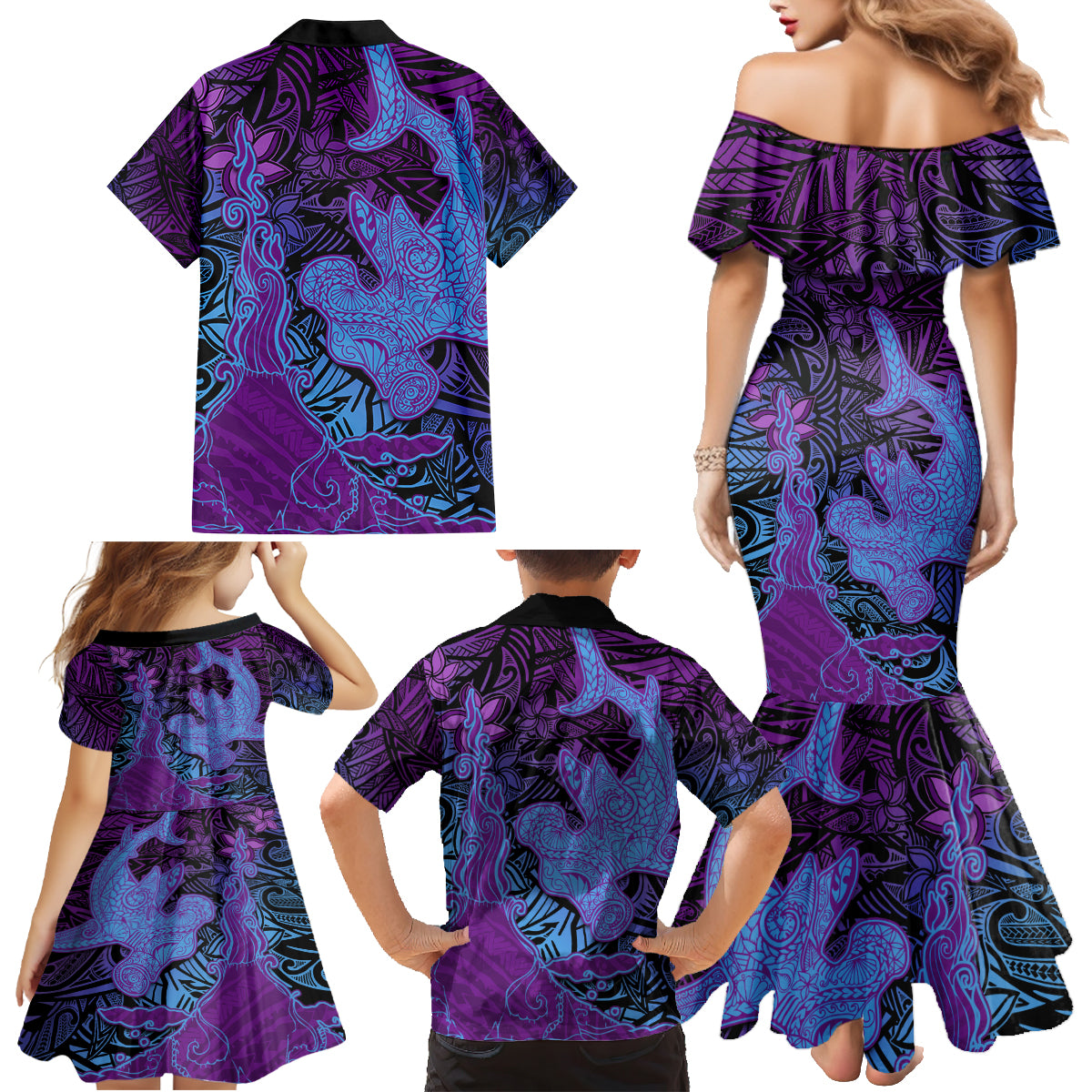 Hawaiian Volcano and Shark Family Matching Mermaid Dress and Hawaiian Shirt Polynesian and Hibiscus Pattern Violet Gradient