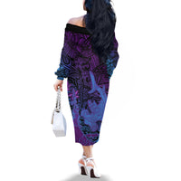 Hawaiian Volcano and Shark Family Matching Off The Shoulder Long Sleeve Dress and Hawaiian Shirt Polynesian and Hibiscus Pattern Violet Gradient