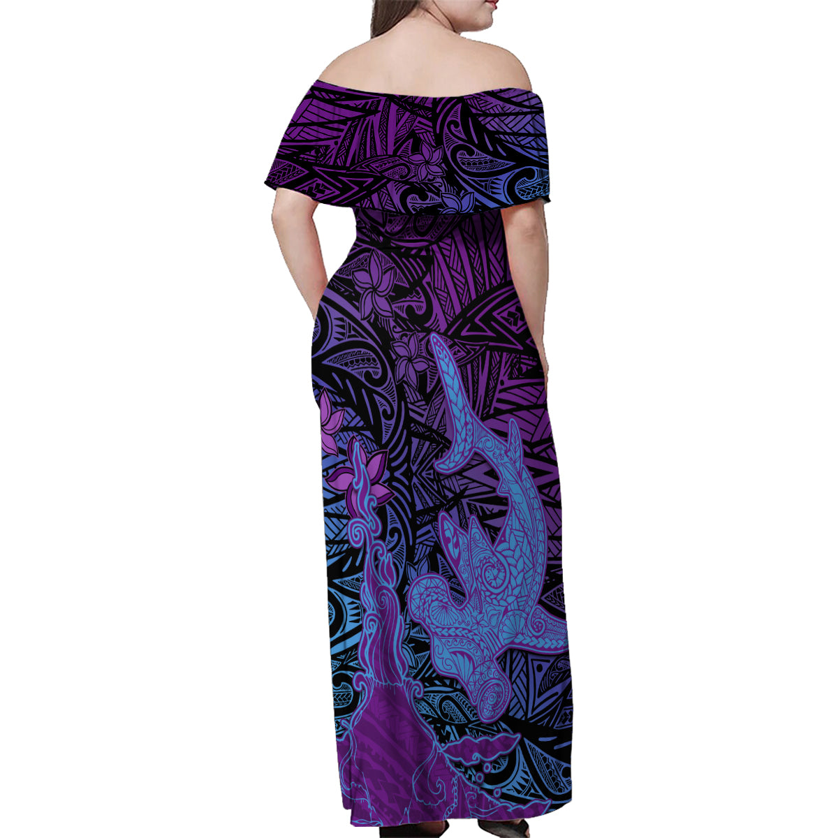 Hawaiian Volcano and Shark Family Matching Off Shoulder Maxi Dress and Hawaiian Shirt Polynesian and Hibiscus Pattern Violet Gradient