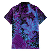 Hawaiian Volcano and Shark Family Matching Off Shoulder Short Dress and Hawaiian Shirt Polynesian and Hibiscus Pattern Violet Gradient