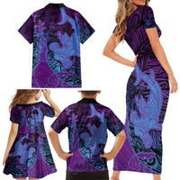 Hawaiian Volcano and Shark Family Matching Short Sleeve Bodycon Dress and Hawaiian Shirt Polynesian and Hibiscus Pattern Violet Gradient