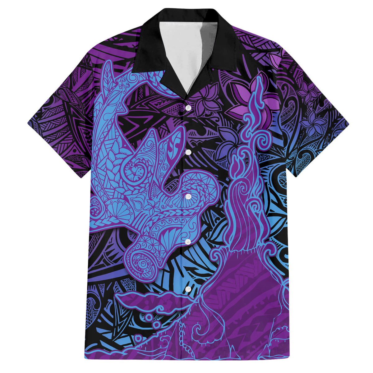Hawaiian Volcano and Shark Family Matching Short Sleeve Bodycon Dress and Hawaiian Shirt Polynesian and Hibiscus Pattern Violet Gradient