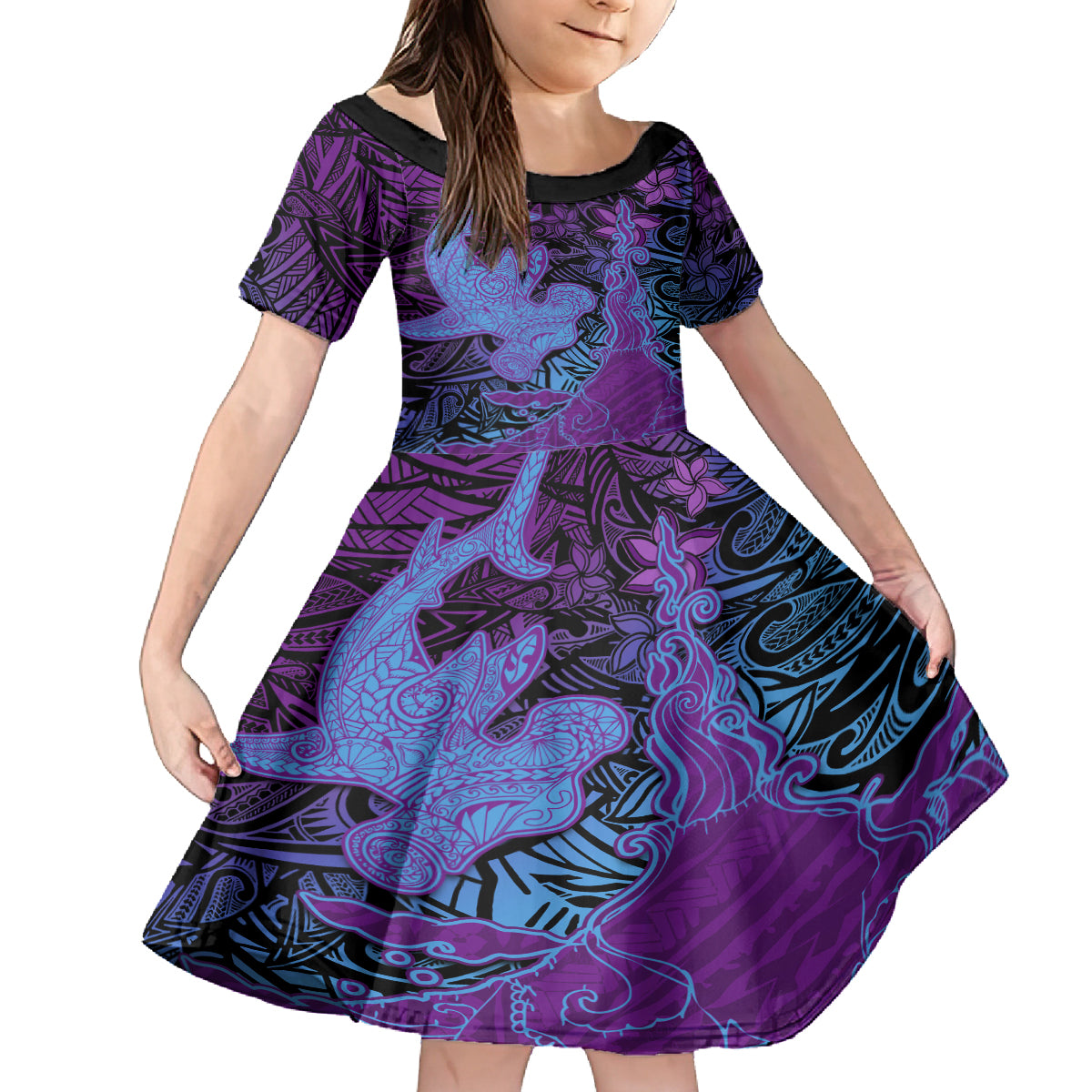 Hawaiian Volcano and Shark Family Matching Tank Maxi Dress and Hawaiian Shirt Polynesian and Hibiscus Pattern Violet Gradient