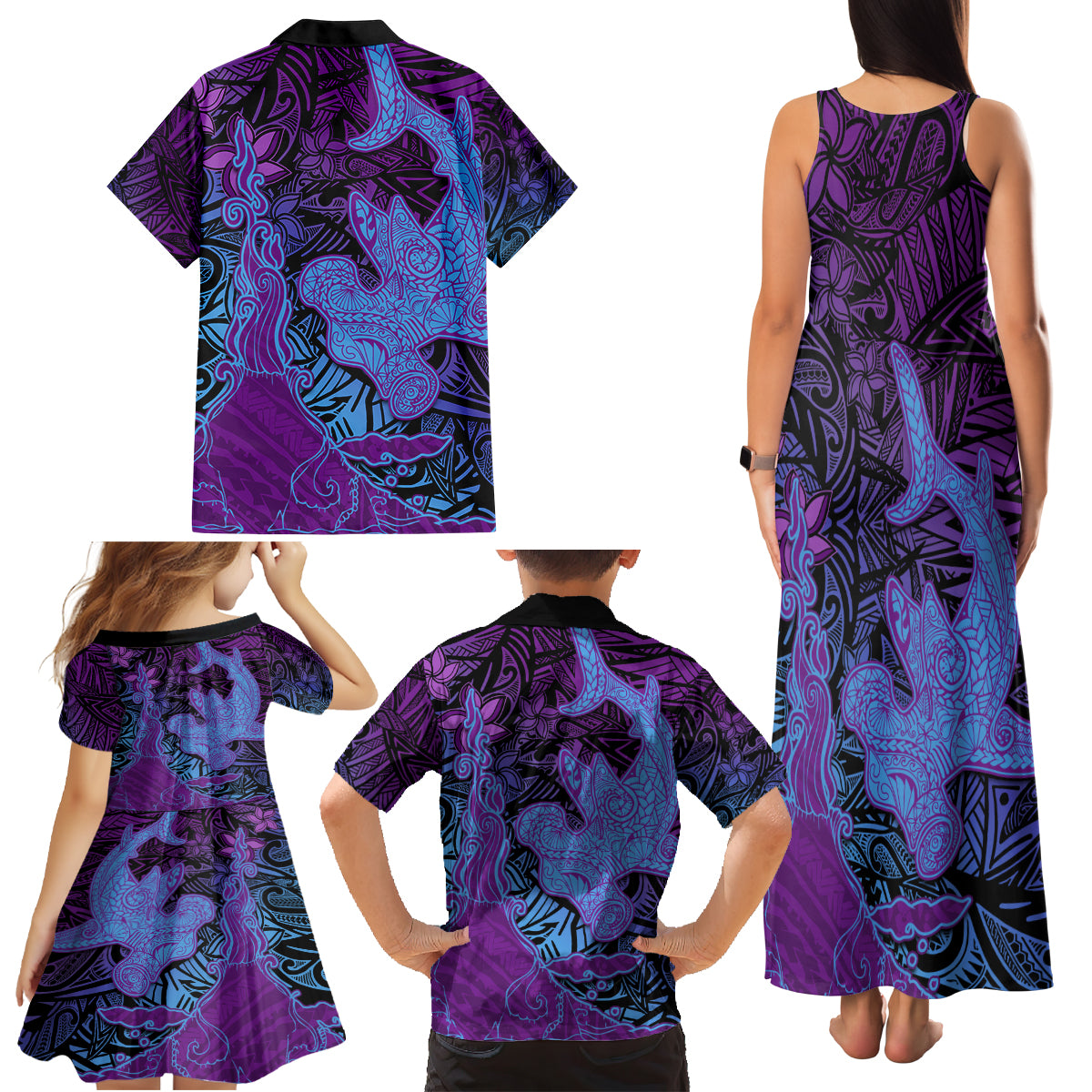 Hawaiian Volcano and Shark Family Matching Tank Maxi Dress and Hawaiian Shirt Polynesian and Hibiscus Pattern Violet Gradient
