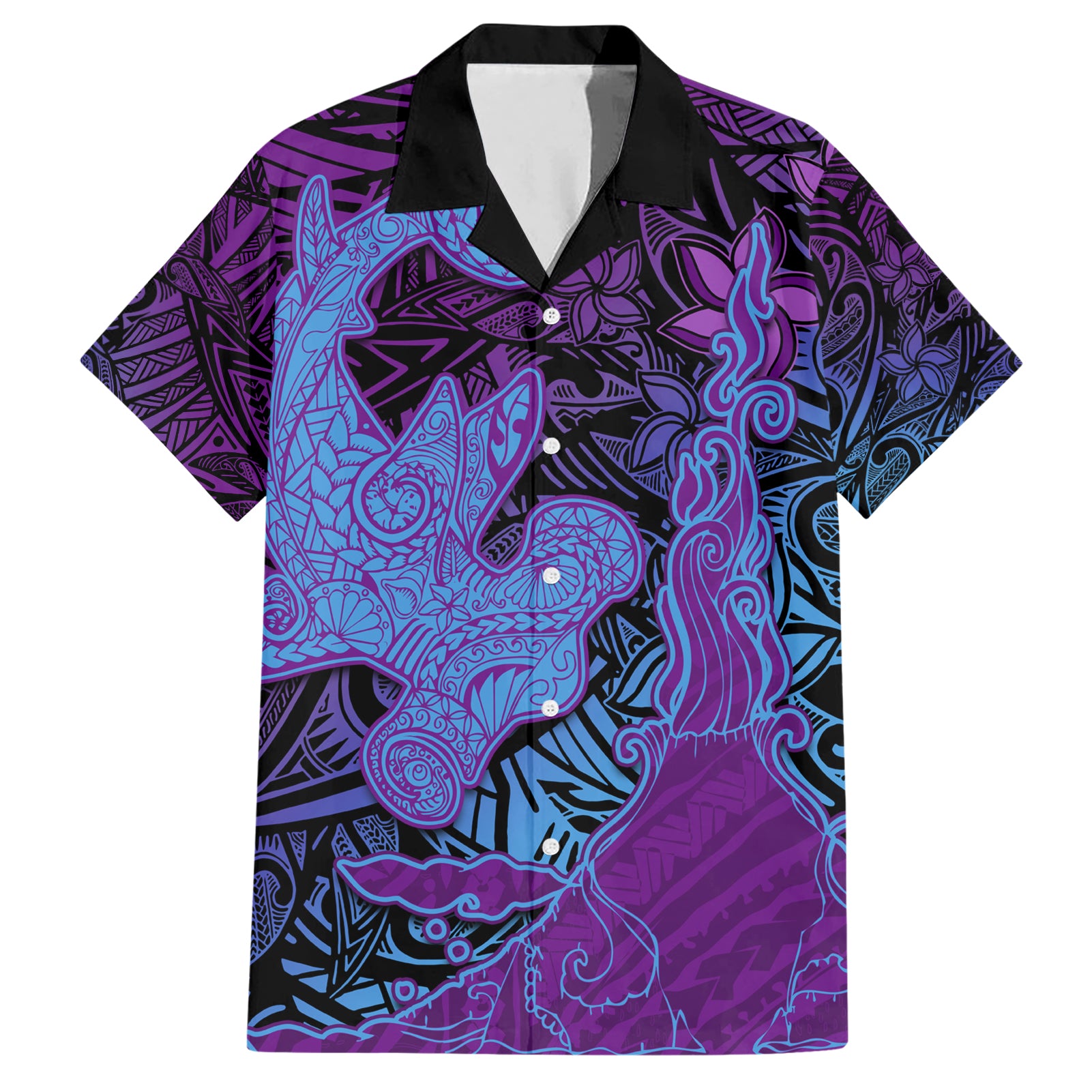 Hawaiian Volcano and Shark Hawaiian Shirt Polynesian and Hibiscus Pattern Violet Gradient