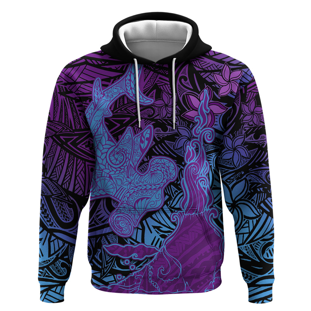 Hawaiian Volcano and Shark Hoodie Polynesian and Hibiscus Pattern Violet Gradient