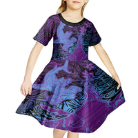 Hawaiian Volcano and Shark Kid Short Sleeve Dress Polynesian and Hibiscus Pattern Violet Gradient