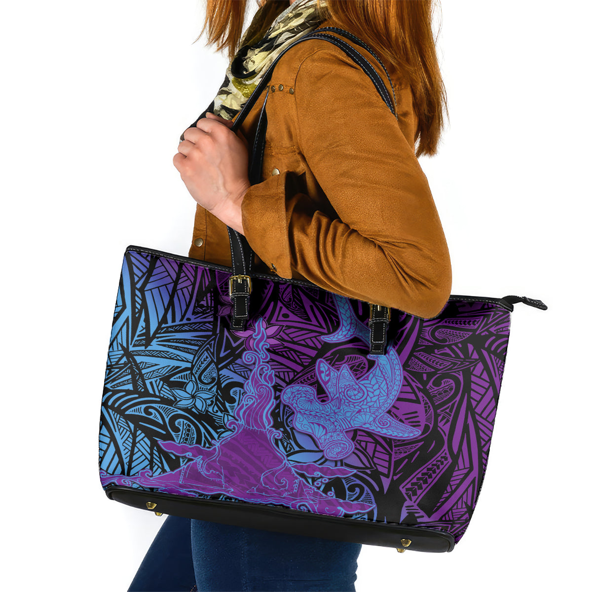 Hawaiian Volcano and Shark Leather Tote Bag Polynesian and Hibiscus Pattern Violet Gradient