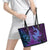 Hawaiian Volcano and Shark Leather Tote Bag Polynesian and Hibiscus Pattern Violet Gradient