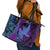 Hawaiian Volcano and Shark Leather Tote Bag Polynesian and Hibiscus Pattern Violet Gradient