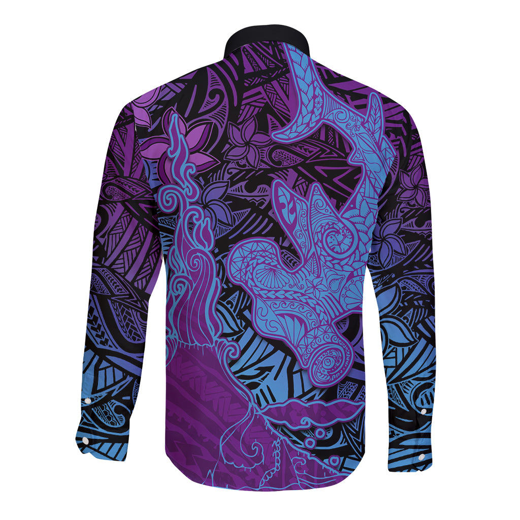 Hawaiian Volcano and Shark Long Sleeve Button Shirt Polynesian and Hibiscus Pattern Violet Gradient