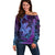 Hawaiian Volcano and Shark Off Shoulder Sweater Polynesian and Hibiscus Pattern Violet Gradient