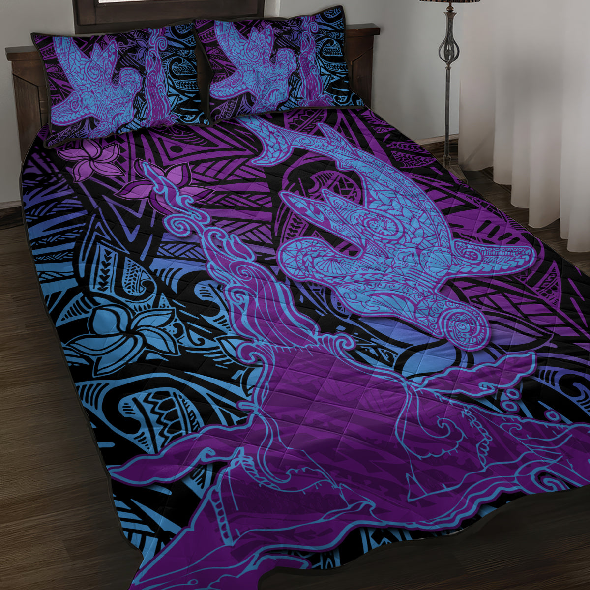 Hawaiian Volcano and Shark Quilt Bed Set Polynesian and Hibiscus Pattern Violet Gradient