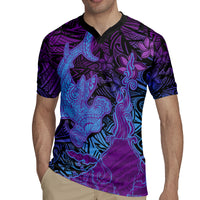 Hawaiian Volcano and Shark Rugby Jersey Polynesian and Hibiscus Pattern Violet Gradient
