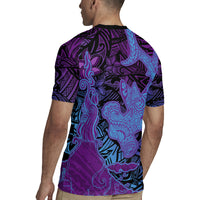 Hawaiian Volcano and Shark Rugby Jersey Polynesian and Hibiscus Pattern Violet Gradient