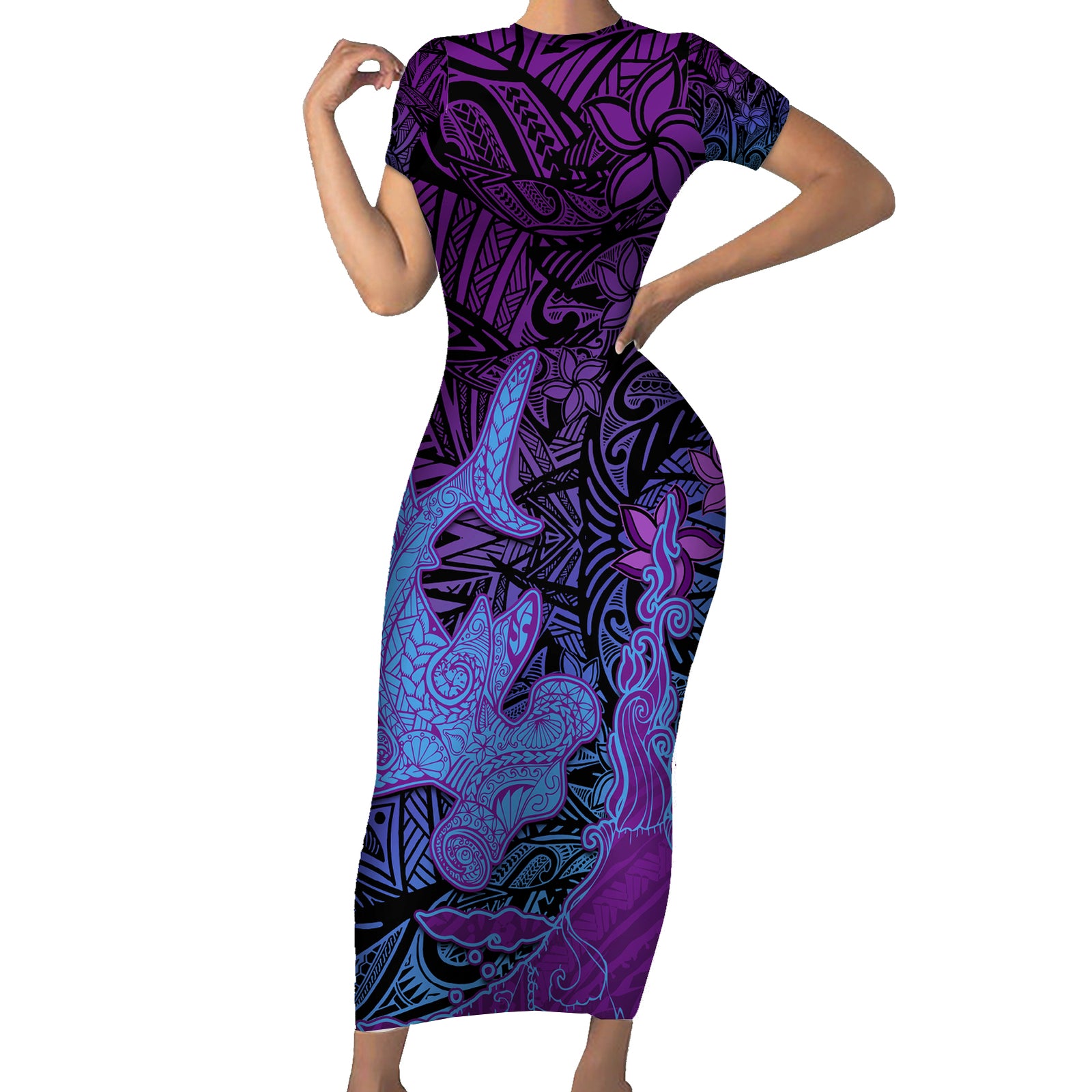Hawaiian Volcano and Shark Short Sleeve Bodycon Dress Polynesian and Hibiscus Pattern Violet Gradient